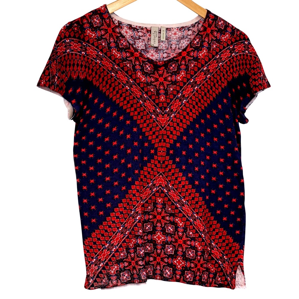 Sahalie Womens Red Navy Blue Geometric Medallion Knit Short Sleeve Top Size S